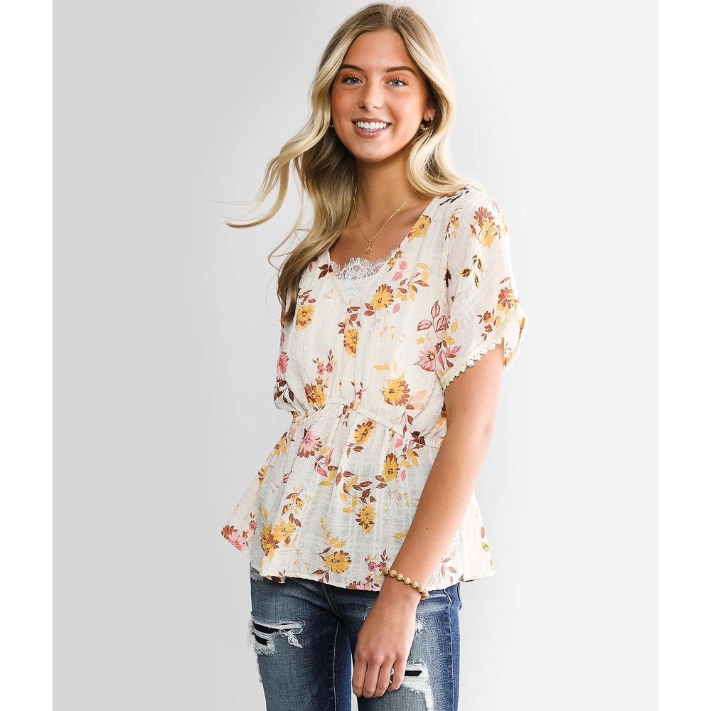 Daytrip Womens Floral Peplum Top Cream Yellow Pink V-Neck Boho Blouse Small